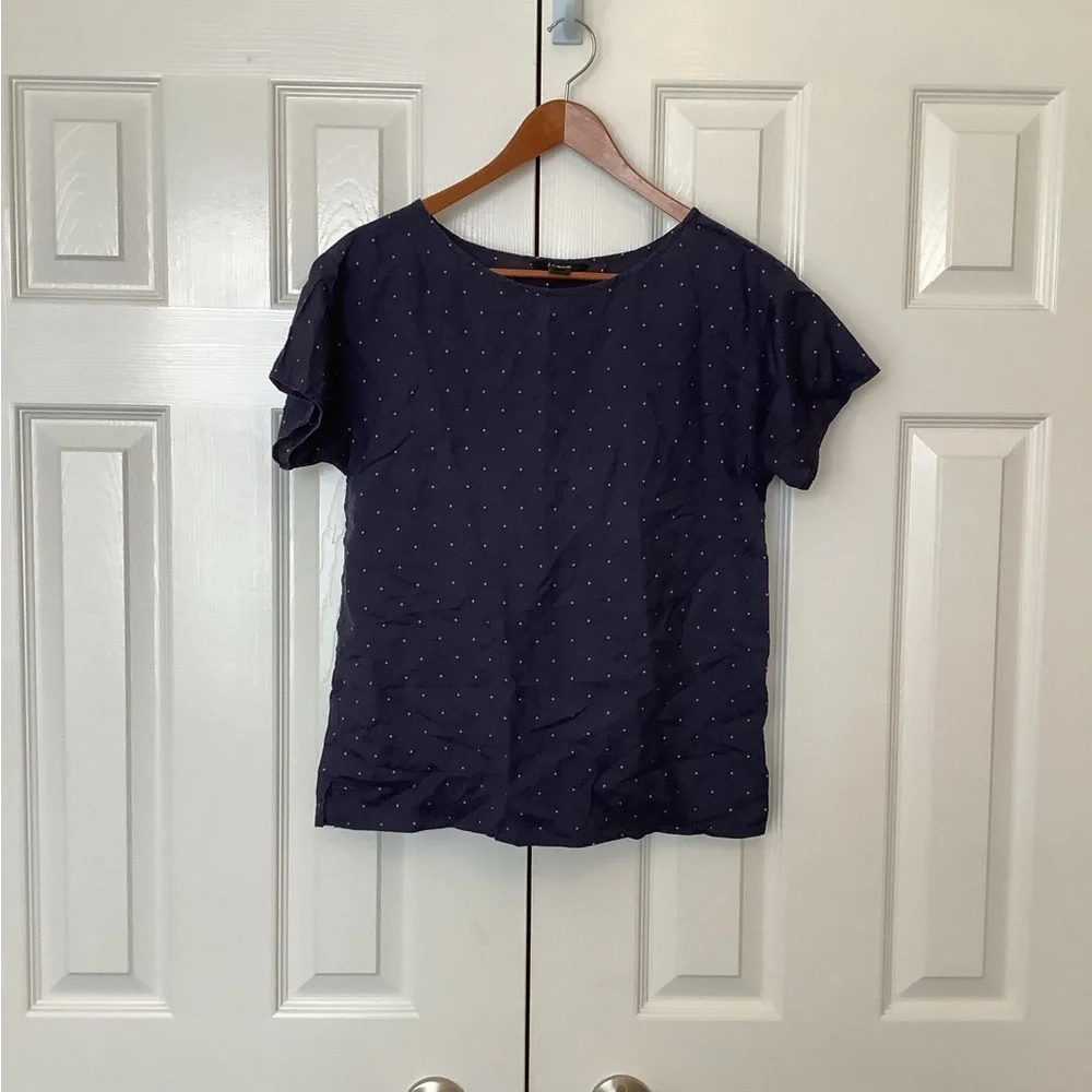J. Crew Navy Pink Polka Dot Silk Shirt Sleeve Top XS